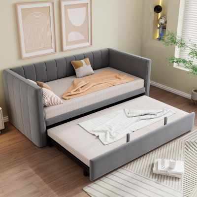 Space-Saving Daybed with Pull-Out Trundle, 200L x 140W x 100H cm, Grey