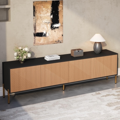 Spacious TV Cabinet with 4-Door Concealed Storage, 179L x 35W x 53.5H cm, Black+Wood
