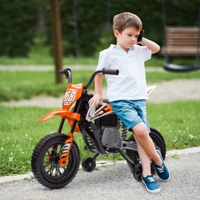AIYAPLAY Moto Eléctrica para Niños 12V 2 Motores Suspensión Trasera Ruedas de Apoyo Desmontables Música Niños 3-6 Años Naranja