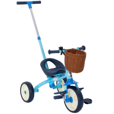 AIYAPLAY Triciclo para Bebés 2 en 1 para 2-5 Años con Barra Parental Pedales Antideslizantes, Reposapiés Plegables y Cesta Azul