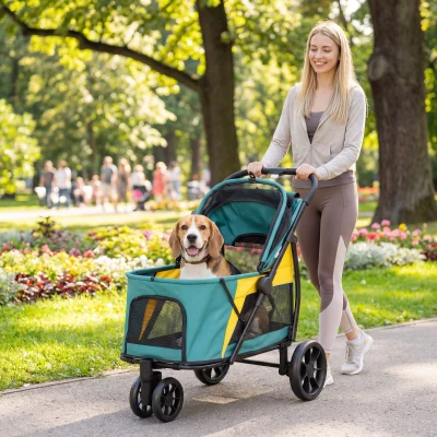 PawHut Hundewagen Faltbar Hundebuggy bis 20kg mit Kissen, Netzfenstern, Rückentasche, 92 x 63 x 95 cm Dunkelgrün