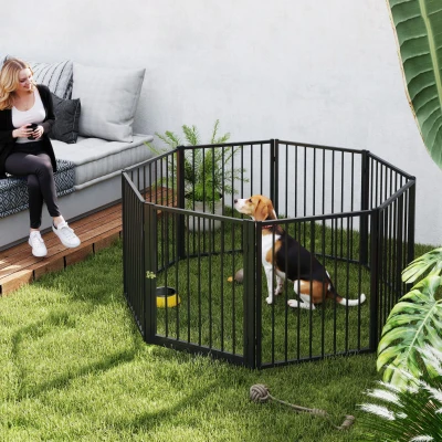 PawHut Welpenauslauf, Hundeauslauf, Welpengehege, 8 Paneele mit Tür, faltbarer und tragbarer Hundezaun, Stahl, Schwarz