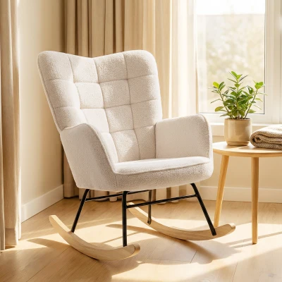 HOMCOM Silla Mecedora de Borreguito Sillón Balancín Oscilante 40° con Patas de Madera de Haya Carga 120 kg 71x98x101 cm Beige