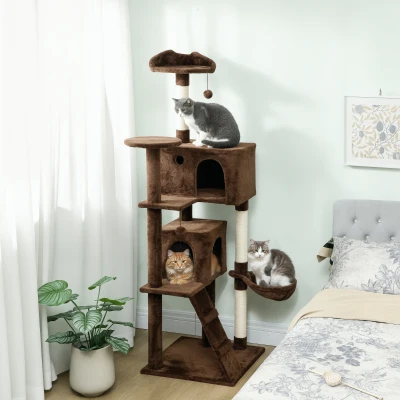 PawHut Árbol Rascador para Gatos 180 cm con Plataformas Cama 2 Cuevas Hamaca Escalera Postes de Sisal Marrón