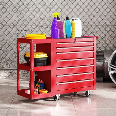 HOMCOM Carro de Herramientas con 7 Cajones Estantería de 3 Niveles Desmontable Sistema de Cierre Central Asa Rojo