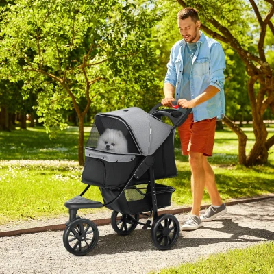 PawHut Carrito para Perros con 3 Ruedas Ventanas de Malla Cesta de Almacenaje y Correas de Seguridad 109,5x57,5x106,5 cm Gris