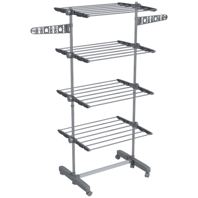 HOMCOM Tendedero Vertical de 4 Niveles con Ruedas 2 Laterales Abatibles Estantes Ajustables y Marco de Acero Gris y Plata