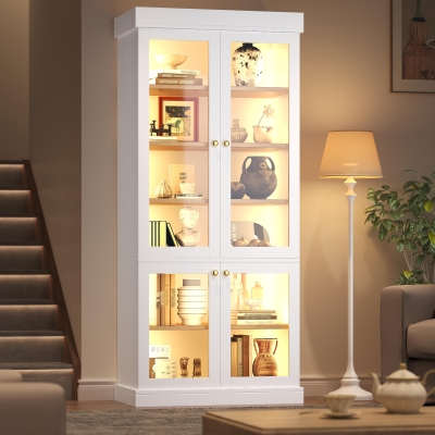 Modern Display Cabinet with Integrated LED Mood Lighting, 80L x 40W x 180H cm, White