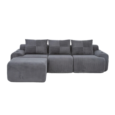 Corduroy L-Shaped Sectional Sofa with Integrated Cup Holders, 268L x 174W x 80H cm, Dark Gray