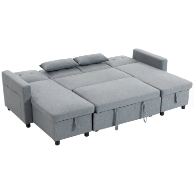 HOMCOM Ecksofa mit Schlaffunktion und Bettkasten U-Form 4-Sitzer Sofa mit Chaiselongue, verstellbarer Rückenlehne, Leinenoptik