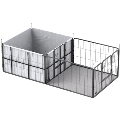 PawHut Wurfkiste für Welpen, Wurfbox Welpenlaufstall mit 7 Paneele, 2 Bereichen, Waschbare Wurfunterlage, 203x102x60cm Schwarz