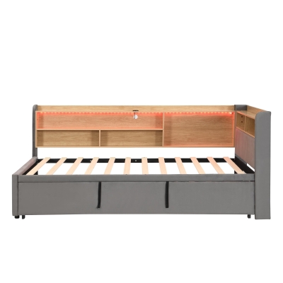Practical Upholstered Daybed with Pull‑Out Trundle, 201L x 105W x 85H cm, Grey 201L x 105W x 85H cm, Grey