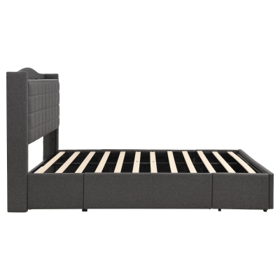 Spacious Upholstered Bed with 4 Under‑Bed Drawers, 208L x 140W x 111H cm, Grey