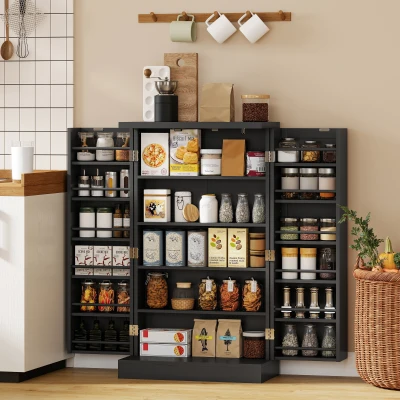 HOMCOM Freestanding Kitchen Cabinet Adjustable Shelves Black