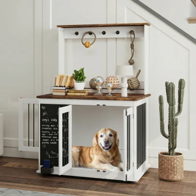 PawHut Hundebox mit Aufbewahrungsregal für Spielzeug, Haken für Leinen, Schreibtafel, Radiergummi, für große Hunde, Weiß