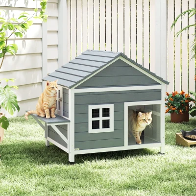 PawHut Katzenhaus aus Holz 2-Etagen Katzenhöhle mit wasserdicht aufklappbar Dach, seitlicher Plattform, 101x72,5x81cm, Grau