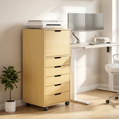 HOMCOM Gaveteira de Escritório com 5 Gavetas, Armário com Fecho Suave, Rodas e Suporte para Impressora, Madeira Natural