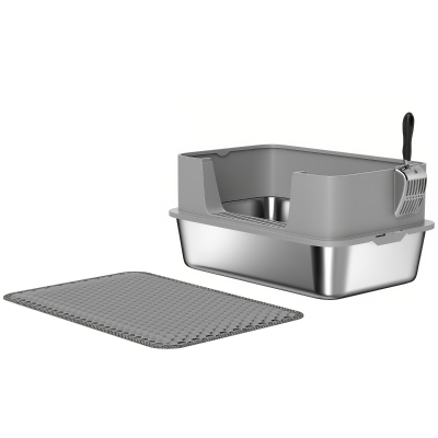 PawHut Katzentoilette Edelstahl Offene Katzenklo mit Schaufel hohem Rand Matte für Katzen bis 7 kg 60,2 x 40,2 x 29,5 cm, Grau