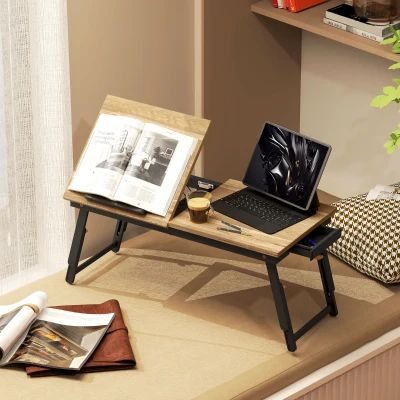 HOMCOM Table de lit pliable et réglable, plateau de lit pour ordinateur portable en bambou - plateau inclinable, tiroir, chêne