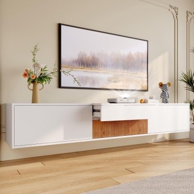 Spacious TV Cabinet with Cabinet Doors and Open Shelves, 180L x 34W x 30H cm, White+Wood