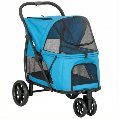 PawHut Carrito para Perros Plegable con 3 Ruedas Ventanas de Malla Cojín Lavable Todo Terreno Carga 20 kg 92x63x95 cm Azul