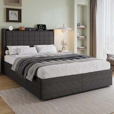 Spacious Upholstered Bed with 4 Under‑Bed Drawers, 208L x 140W x 111H cm, Grey