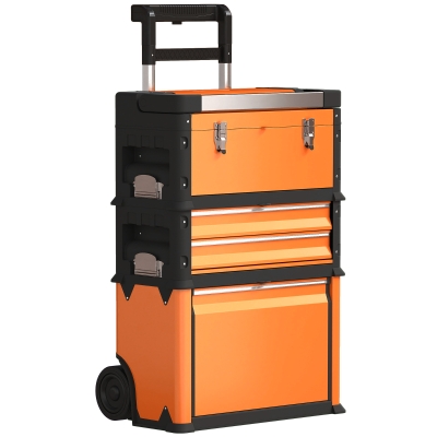 HOMCOM Caja de Herramientas con Ruedas Apilable Carro de Herramientas de Acero con Bandeja Mango Telescópico Naranja y Negro