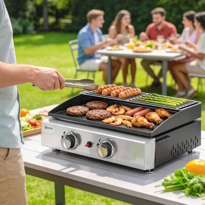 Outsunny Barbacoa de Gas con 2 Quemadores 5 kW Barbacoa Portátil con Plancha Rejilla Calentadora y Recogedor Grasa Negro