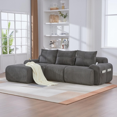 Corduroy L-Shaped Sectional Sofa with Integrated Cup Holders, 268L x 174W x 80H cm, Dark Gray