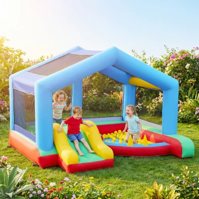 AIYAPLAY Castillo Hinchable para Niños con Soplador Tobogán Cama Elástica Piscina de Pelotas Juego de Aros Toldo