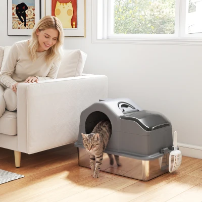 PawHut Arenero para Gatos Cubierto con Bandeja de Acero Inoxidable Tapa Extraíble Bordes Altos Fácil de Limpiar Gris Oscuro