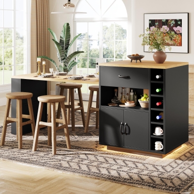 Extendable Kitchen Island with Dining Table, 141L x 70W x 101.5H cm, Black
