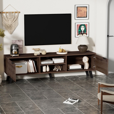 Spacious TV Cabinet with 2 Doors and 2 Open Shelves, 160.5L x 35W x 45H cm, Wood