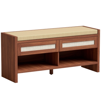 HOMCOM Shoe Bench Rattan Drawers Cushioned Seat Brown