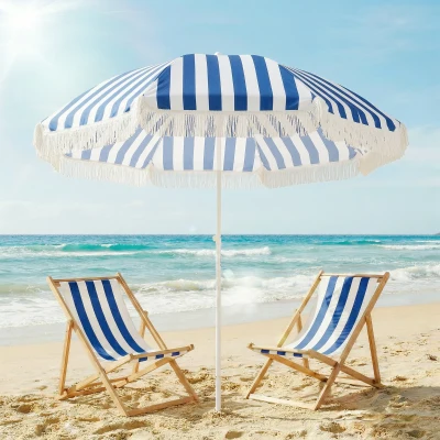 Outsunny Sombrilla de Playa con Flecos Ø180 cm Sombrilla de Terraza Exterior con Altura Ajustable Inclinación 30° Azul y Blanco