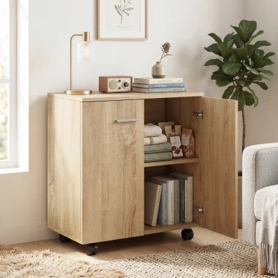 HOMCOM Aparador de Salón conRuedas 2 Puertas y Estantes para Sala de Estar Dormitorio Oficina 60x35x65 cm Natural