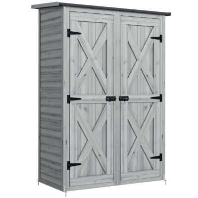 Outsunny Caseta de Jardín de Madera 115x53x156 cm Armario para Herramientas con Puertas Dobles y Estantes Techo Inclinado Gris
