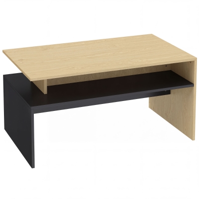 HOMCOM Table Basse Moderne Bicolore à Niveaux Décalés avec Étagère de Rangement, 95 x 55 x 50 cm, Bois Naturel et Noir
