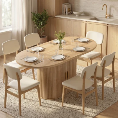 HOMCOM Mesa de Jantar Oval para 6 Pessoas com Tampo Espesso, Portas de Correr Tipo Persiana, 6 Compartimentos, Carvalho