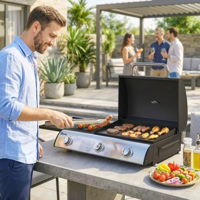 Outsunny Barbacoa de Gas BBQ Gas con 3 Quemadores 7,5 kW con Parrilla Plancha Estante Lateral Convertible Termómetro Negro