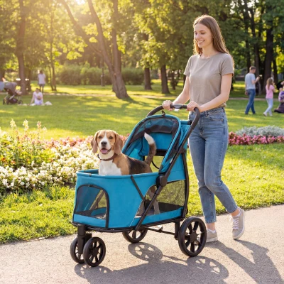 PawHut Carrito para Perros Plegable con 3 Ruedas Ventanas de Malla Cojín Lavable Todo Terreno Carga 20 kg 92x63x95 cm Azul