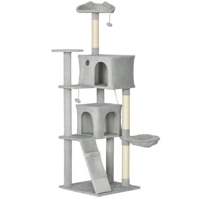 PawHut Árbol Rascador para Gatos 180 cm con Plataformas Cama 2 Cuevas Hamaca Escalera Postes de Sisal Gris Claro