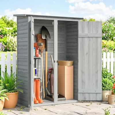Outsunny Caseta de Jardín de Madera 115x53x156 cm Armario para Herramientas con Puertas Dobles y Estantes Techo Inclinado Gris