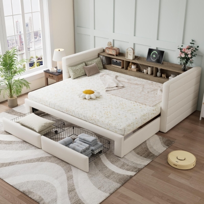 Practical Upholstered Daybed with Extra Pull-Out Trundle, 200L x 140W x 100H cm, Beige
