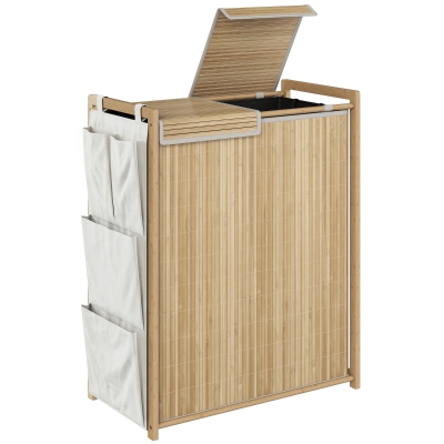 HOMCOM Cesto de Ropa Sucia de Bambú con Tapa 120L con 2 Bolsas con Cordón Extraíbles y Lavables Bolsillos Laterales Natural