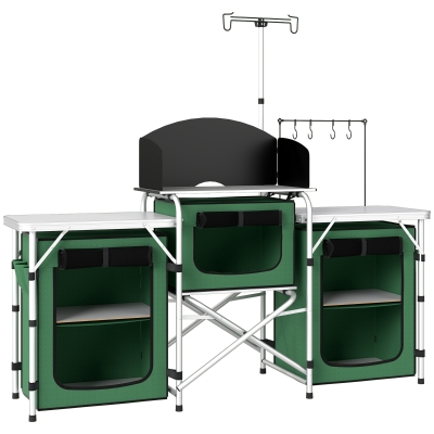 Outsunny Mueble de Cocina para Camping Plegable con 3 Mesas 4 Ganchos Poste de Luz y Bolsa de Transporte 172x48x130 cm Verde
