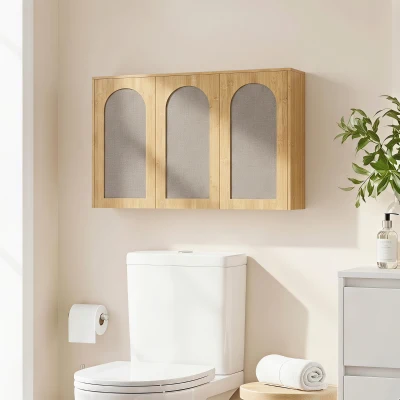 HOMCOM Armario mural de baño bohemio con 3 puertas efecto ratán con cierre suave y estante regulable, roble