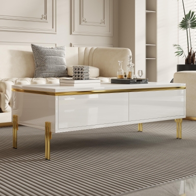 Spacious Coffee Table with 2 Hidden Drawers, 100L x 50W x 36H cm, White