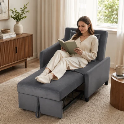 HOMCOM Sofá Cama 1 Plaza Convertible 4 en 1 Sillón Cama Tapizado en Terciopelo Respaldo Ajustable Gris Oscuro