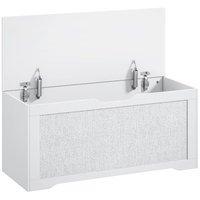 HOMCOM Baúl de Almacenaje 136L Banco de Almacenaje con Panel de Ratán Tapa Brazos de Soporte para Recibidor 100x40x45cm Blanco